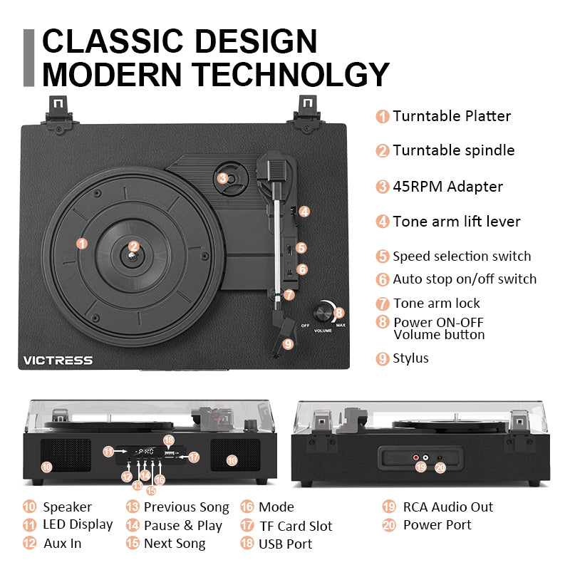 TE-2017 Retro Wireless Record Player